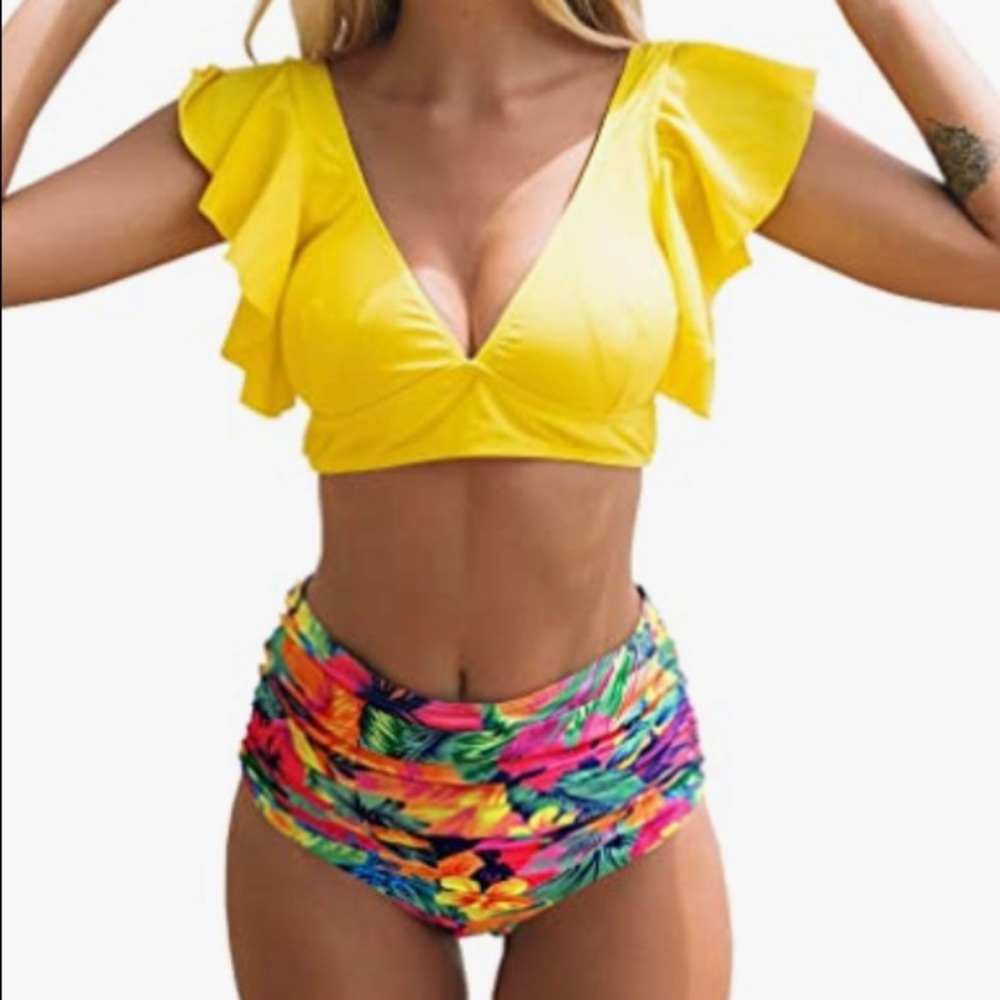 NWT Women Ruffle High Waist Swimsuit Two Pieces Push Up Tropical Print Bikini